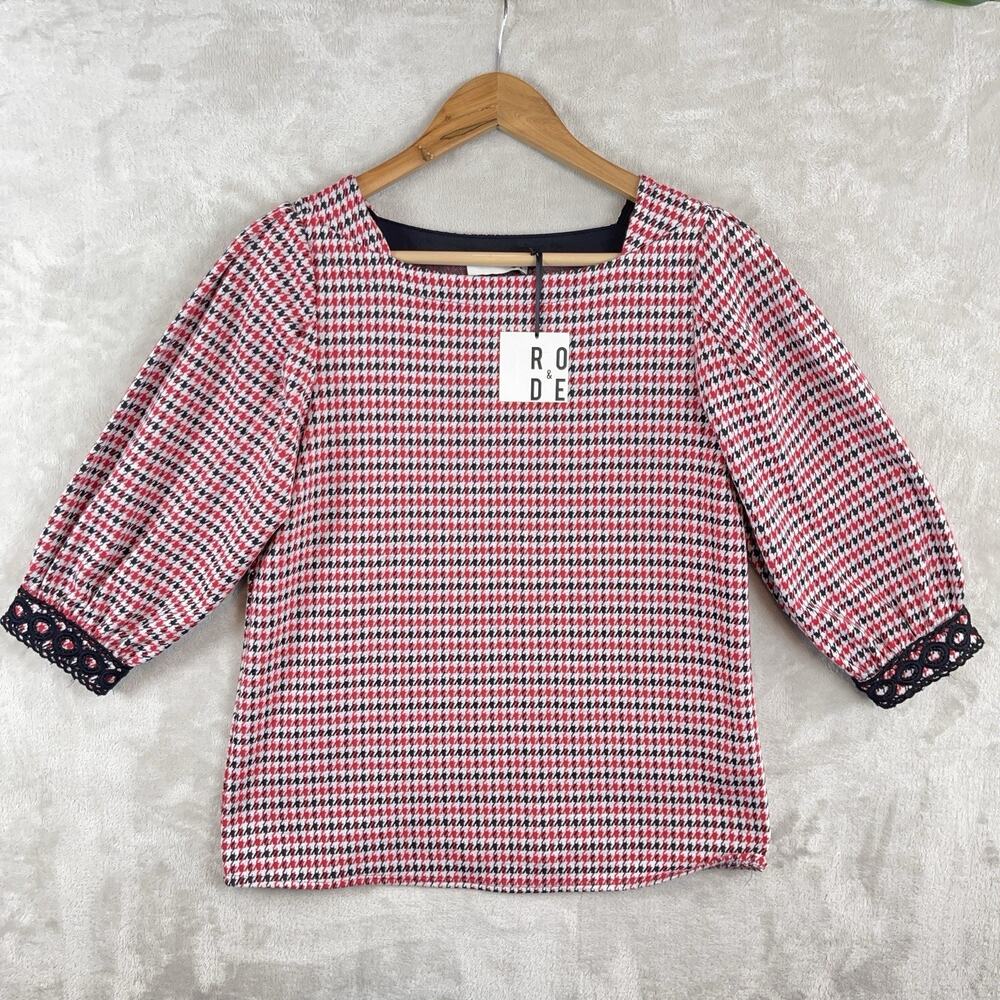 RO & DE NWT Houndstooth Blouse Top Small Square Neck Lace Trim Office Siren